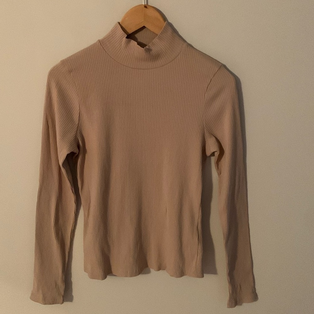 Maeve Anthropologie Ribbed Mock Neck Long Sleeve Top Size Small Tan